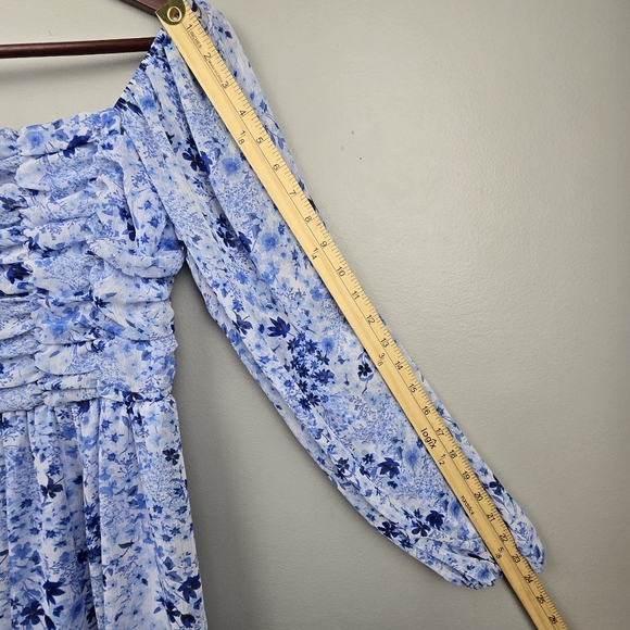 Baby Doll Bubble Long Sleeve Ruched Floral Chiffon Dress Blue Womens Size S - Picture 8 of 11